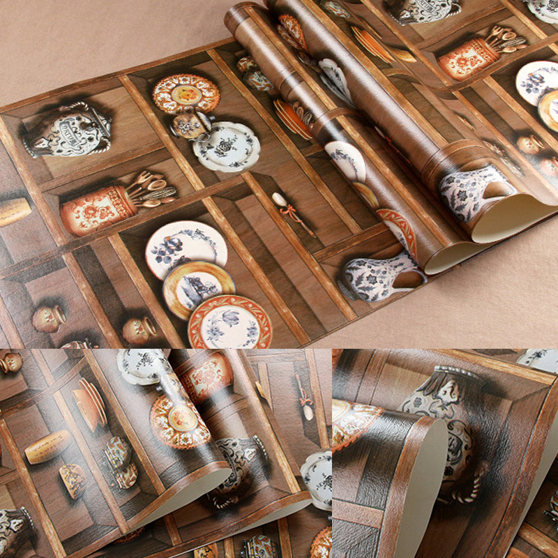 Chinaware and Wood Shelf Wallpaper Steampunk Unpasted Restaurant Wall Decor, 33' x 20.5" Clearhalo 'Industrial wall decor' 'Industrial' 'Wallpaper' Wall Decor' 1184572