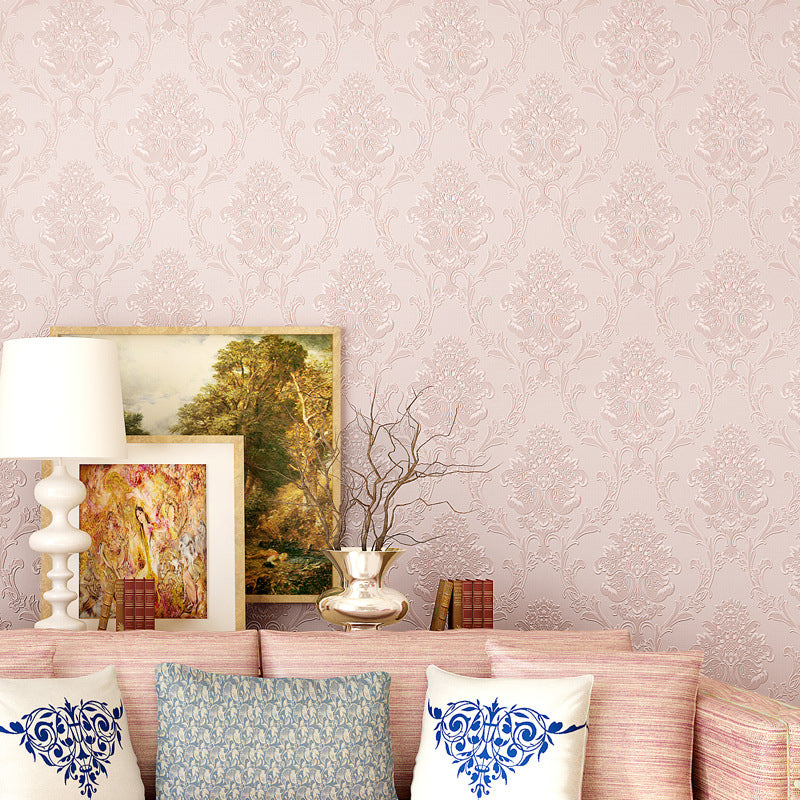 Damask Flower Adhesive Wallpaper Nostalgic 3D Embossed Wall Art with Removable Design Pink Clearhalo 'Vintage wall decor' 'Vintage' 'Wallpaper' Wall Decor' 1184641