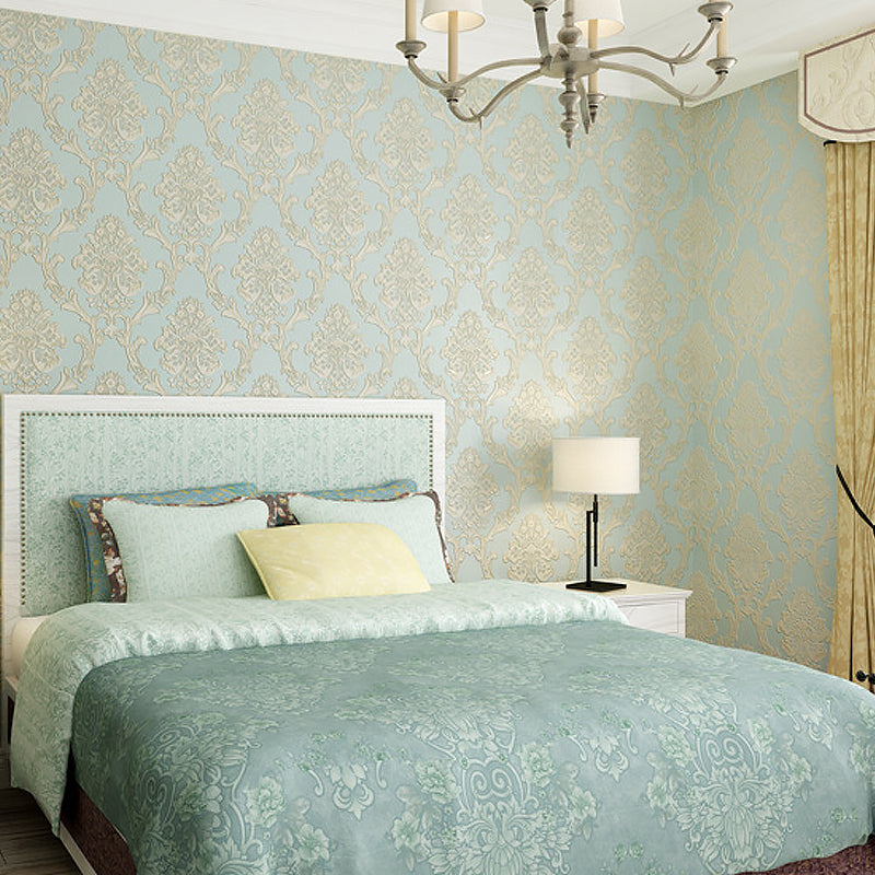 Damask Flower Adhesive Wallpaper Nostalgic 3D Embossed Wall Art with Removable Design Blue Clearhalo 'Vintage wall decor' 'Vintage' 'Wallpaper' Wall Decor' 1184660