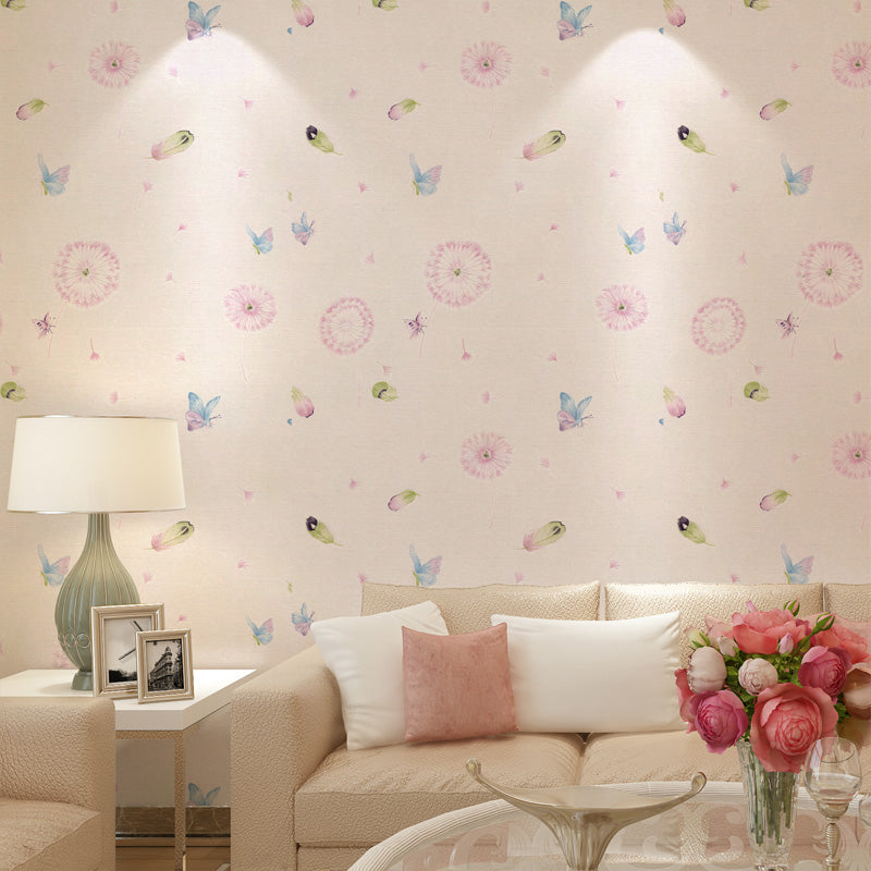 Plants Dandelion and Butterfly Wallpaper Novelty Non-Woven Fabric Wall Decor in Light Color Pink Clearhalo 'Wall Decor' 'Wallpaper' 1184664