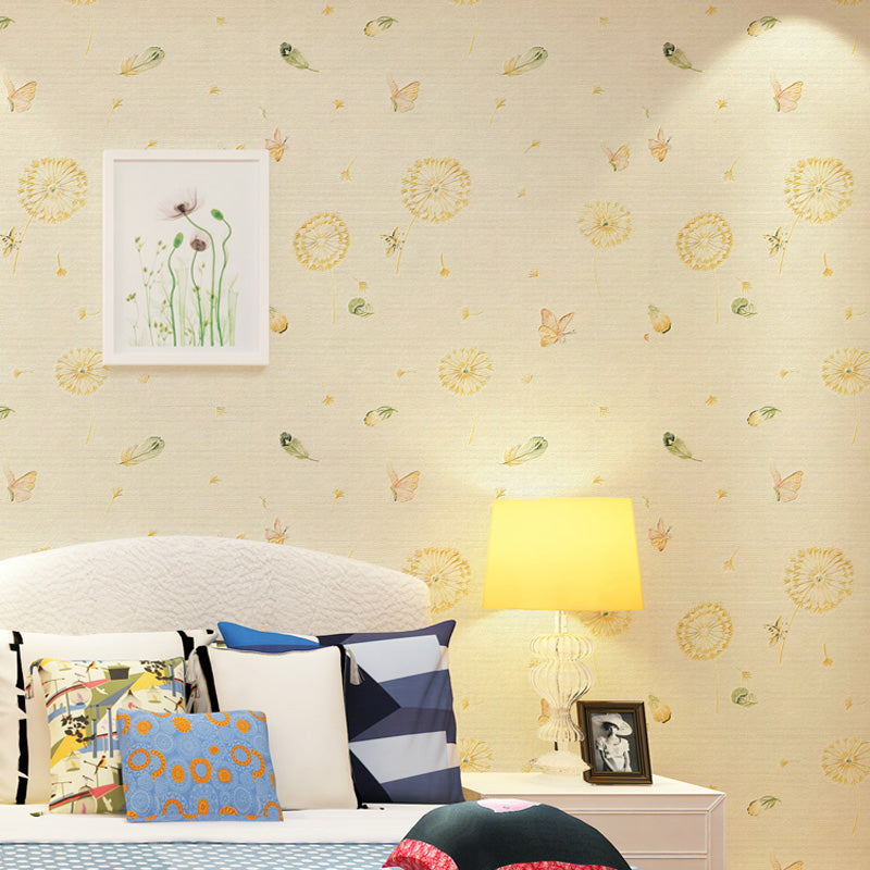 Plants Dandelion and Butterfly Wallpaper Novelty Non-Woven Fabric Wall Decor in Light Color Yellow Clearhalo 'Wall Decor' 'Wallpaper' 1184668
