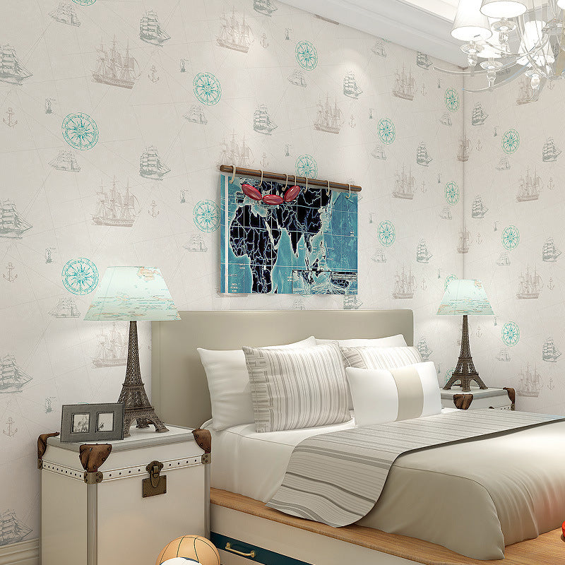 Mediterranean Sailing Ship Wallpaper Pastel Color Nautical Wall Covering for Children's Room Beige Clearhalo 'Wall Decor' 'Wallpaper' 1184685