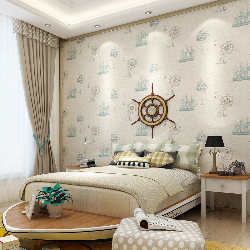 Mediterranean Sailing Ship Wallpaper Pastel Color Nautical Wall Covering for Children's Room Gray-Khaki Clearhalo 'Wall Decor' 'Wallpaper' 1184689