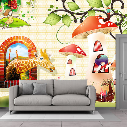 Colorful Cartoon Wall Paper Murals Extra Large Wonderland Wall Art for Kids Room Brown-Green-Yellow Clearhalo 'Wall Decor' 'Wall Mural' 1185694