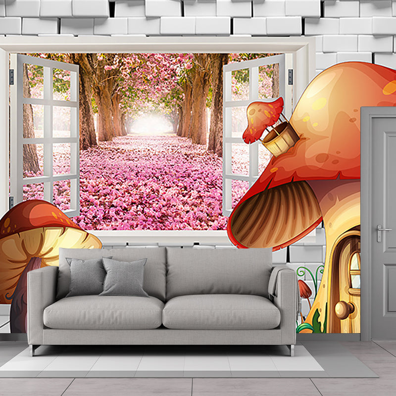 Full Size Mushroom Murals Stain Resistant Childrens Art Bedroom Wall Decor, Orange and Grey Clearhalo 'Wall Decor' 'Wall Mural' 1185701