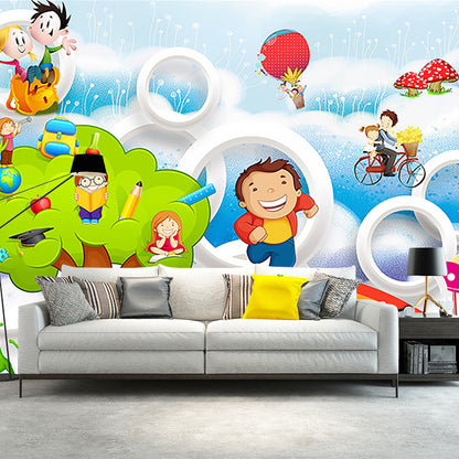 Illustration Adventure Murals Wallpaper for Kids Bedroom, Multi-Colored, Full Size Pink-Blue-Yellow-Red-Green Clearhalo 'Wall Decor' 'Wall Mural' 1185704