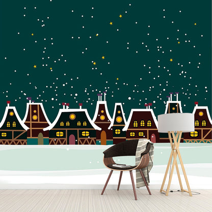 Illustration Winter House Mural Wallpaper Full Size Wall Covering for Kids Bedroom, Custom Print Green Clearhalo 'Wall Decor' 'Wall Mural' 1185784