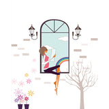 Non-Woven Water-Proof Murals Modern Girl Reading on Window Pattern Wall Covering in Blue-White Clearhalo 'Wall Decor' 'Wall Mural' 1185842