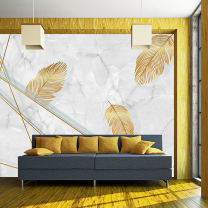 Feather and Marble Wallpaper Mural Grey-Yellow Modern Style Wall Decor for Living Room Gray-Yellow Clearhalo 'Wall Decor' 'Wall Mural' 1185894