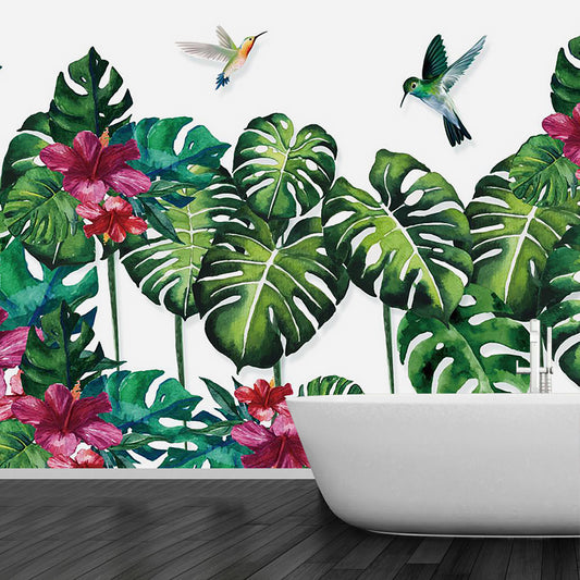 Tropical Monstera Plant Leaf Murals Purple-Green Stain Resistant Wall Art for Home