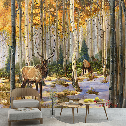 Yellow-Brown Modern Wall Mural Decal Whole Elk in the Forest Wall Covering for Home Clearhalo 'Wall Decor' 'Wall Mural' 1185915
