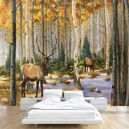 Yellow-Brown Modern Wall Mural Decal Whole Elk in the Forest Wall Covering for Home Clearhalo 'Wall Decor' 'Wall Mural' 1185916