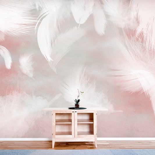 Pink-White Feathers Wall Mural Stain Resistant Wall Decor for Girls Bedroom, Non-Woven Fabric