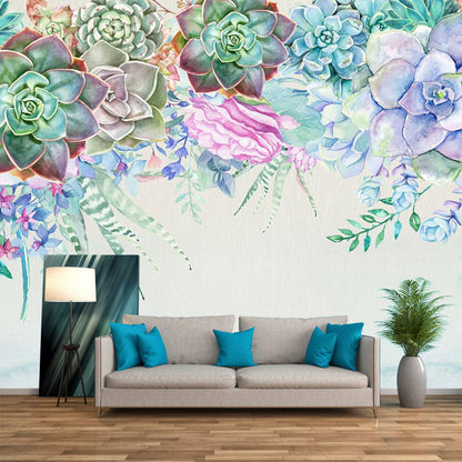 Succulent Plants Mural Wallpaper in Blue and Green, Contemporary Wall Art for Living Room Blue-Green Clearhalo 'Wall Decor' 'Wall Mural' 1186024