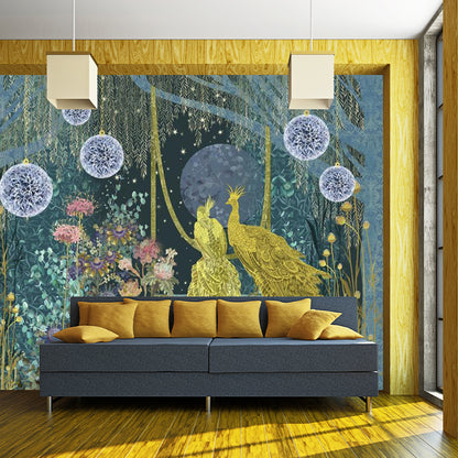 Modern Peacock in Forest Mural Decal for Accent Wall, Full Size Wall Decor in Yellow and Green Clearhalo 'Wall Decor' 'Wall Mural' 1186059