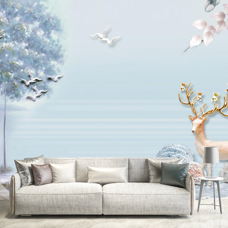 Sika Deer in Forest Murals in Soft Color, Contemporary Wall Decor for Living Room Blue Clearhalo 'Wall Decor' 'Wall Mural' 1186069