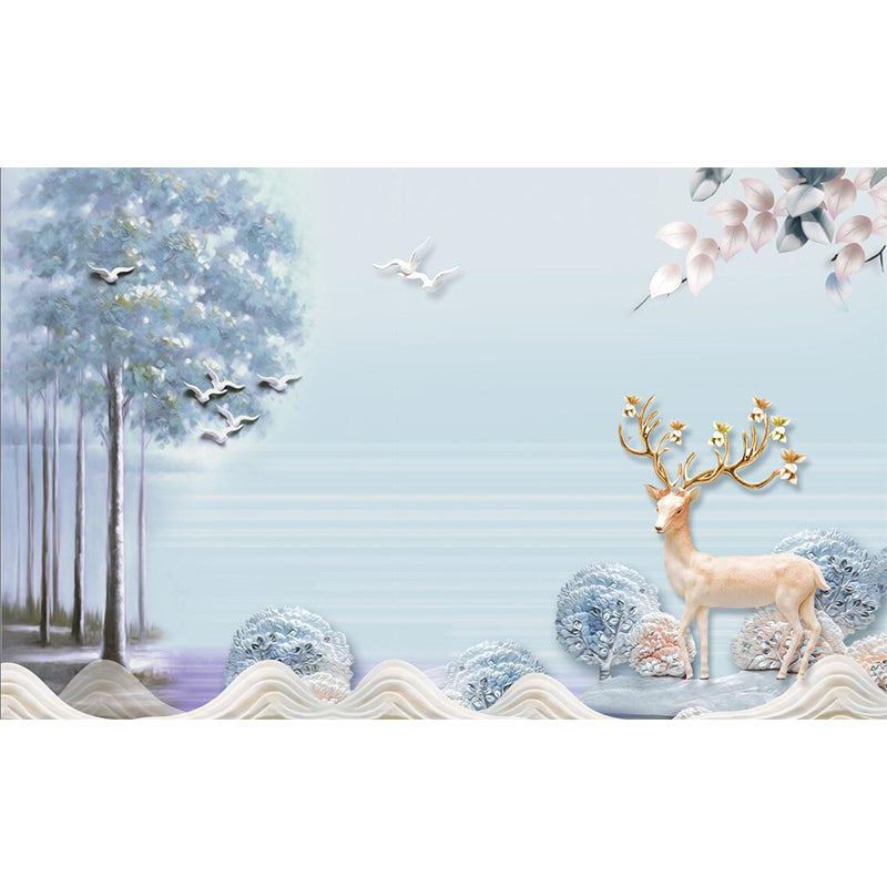 Sika Deer in Forest Murals in Soft Color, Contemporary Wall Decor for Living Room Clearhalo 'Wall Decor' 'Wall Mural' 1186072