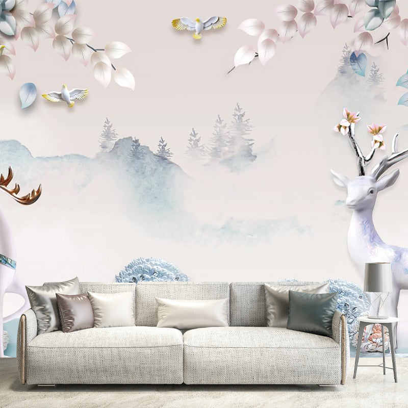 Sika Deer in Forest Murals in Soft Color, Contemporary Wall Decor for Living Room Pink Clearhalo 'Wall Decor' 'Wall Mural' 1186074