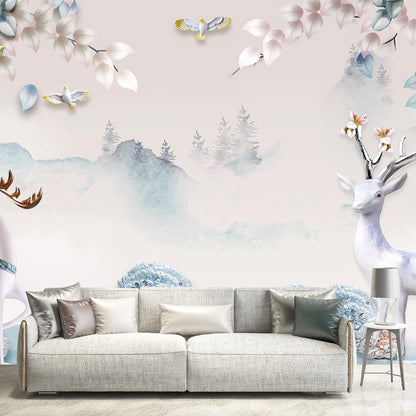 Sika Deer in Forest Murals in Soft Color, Contemporary Wall Decor for Living Room Pink Clearhalo 'Wall Decor' 'Wall Mural' 1186074