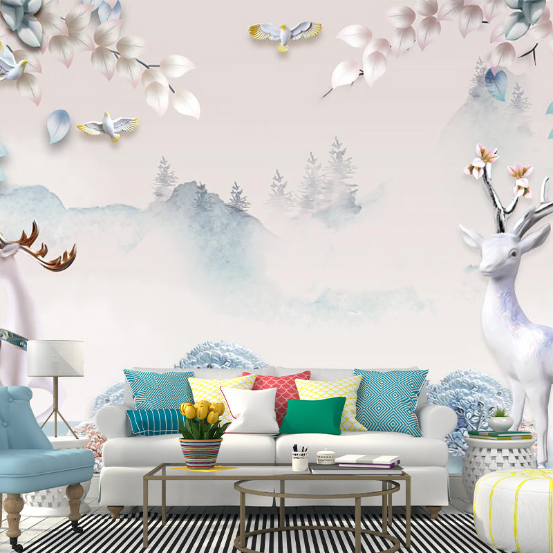 Sika Deer in Forest Murals in Soft Color, Contemporary Wall Decor for Living Room Clearhalo 'Wall Decor' 'Wall Mural' 1186076