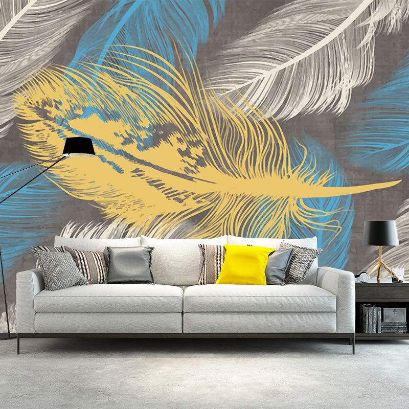Yellow-Blue Feather Wallpaper Murals Moisture Resistant Modern Bedroom Wall Decor Yellow-Blue Clearhalo 'Wall Decor' 'Wall Mural' 1186089