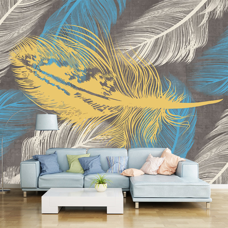 Yellow-Blue Feather Wallpaper Murals Moisture Resistant Modern Bedroom Wall Decor Clearhalo 'Wall Decor' 'Wall Mural' 1186090