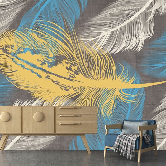 Yellow-Blue Feather Wallpaper Murals Moisture Resistant Modern Bedroom Wall Decor Clearhalo 'Wall Decor' 'Wall Mural' 1186091