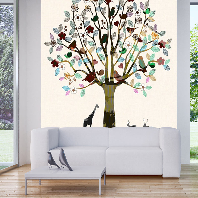 Murales con estampado de árboles y animales Arte de pared decorativo marrón  para sala de estar, hecho a medida - Clearhalo