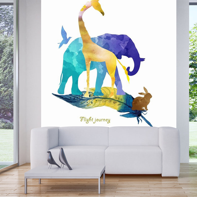 Waterproof Watercolor Animal Mural Non-Woven Contemporary Wall Covering for Home Blue-Yellow-Green Clearhalo 'Wall Decor' 'Wall Mural' 1186214