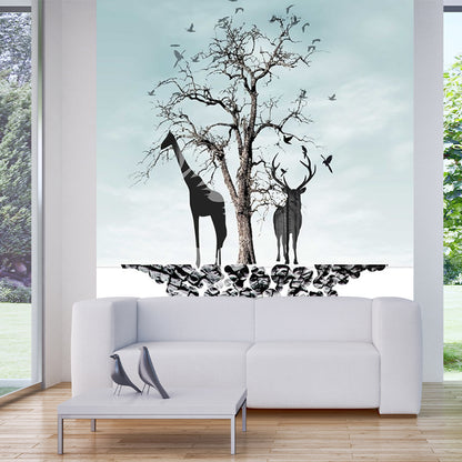 Blue-Black Art Deco Murals Full Size Path to Deer and Bare Tree Painting Wall Covering for Accent Wall Blue-Black A Clearhalo 'Wall Decor' 'Wall Mural' 1186239