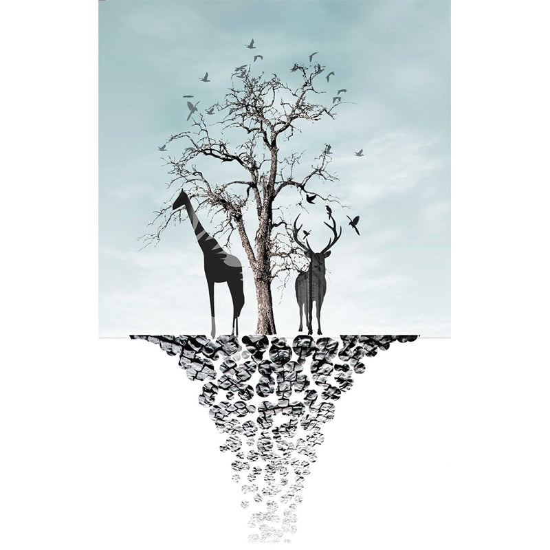 Blue-Black Art Deco Murals Full Size Path to Deer and Bare Tree Painting Wall Covering for Accent Wall Clearhalo 'Wall Decor' 'Wall Mural' 1186242