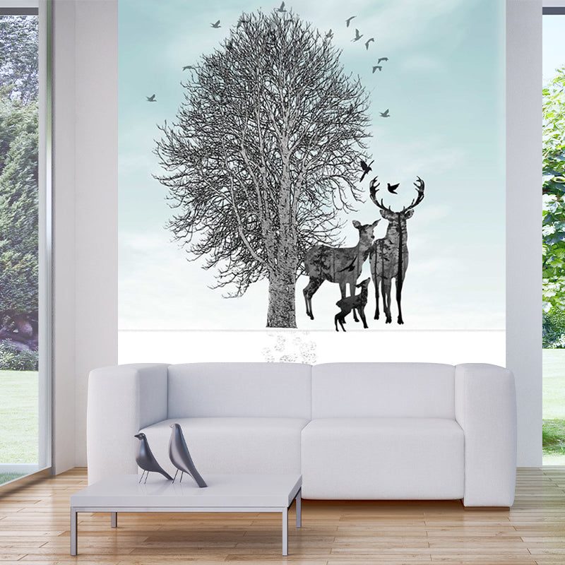 Blue-Black Art Deco Murals Full Size Path to Deer and Bare Tree Painting Wall Covering for Accent Wall Blue-Black B Clearhalo 'Wall Decor' 'Wall Mural' 1186244