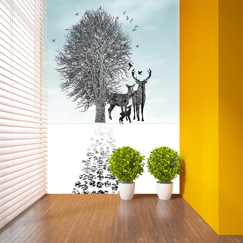 Blue-Black Art Deco Murals Full Size Path to Deer and Bare Tree Painting Wall Covering for Accent Wall Clearhalo 'Wall Decor' 'Wall Mural' 1186245