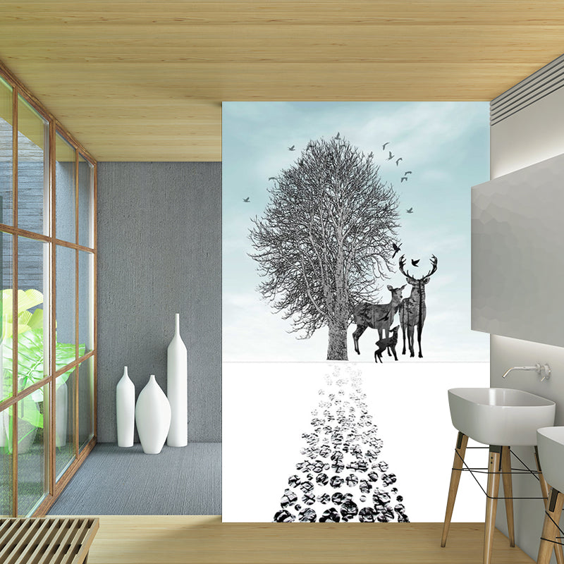 Blue-Black Art Deco Murals Full Size Path to Deer and Bare Tree Painting Wall Covering for Accent Wall Clearhalo 'Wall Decor' 'Wall Mural' 1186246