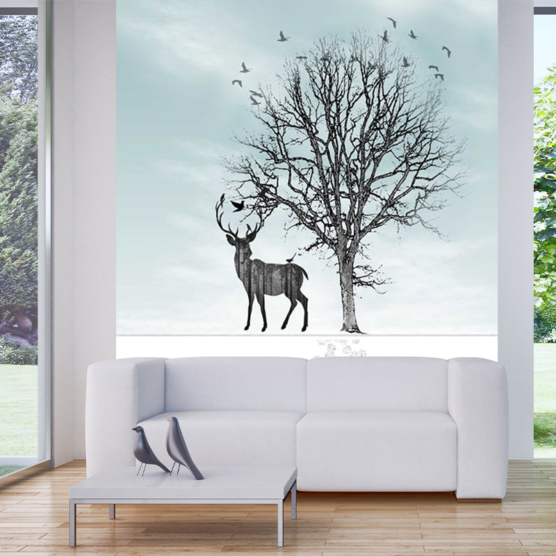 Blue-Black Art Deco Murals Full Size Path to Deer and Bare Tree Painting Wall Covering for Accent Wall Blue-Black C Clearhalo 'Wall Decor' 'Wall Mural' 1186249