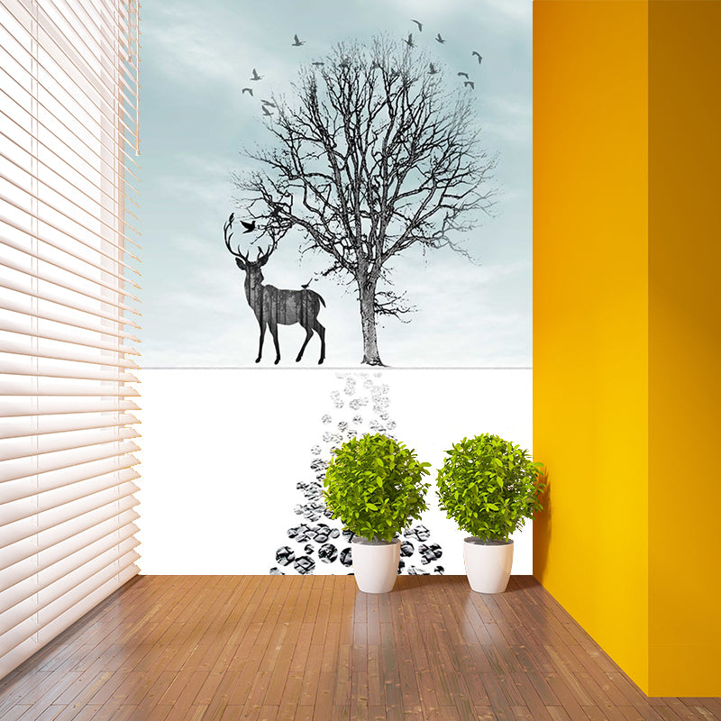 Blue-Black Art Deco Murals Full Size Path to Deer and Bare Tree Painting Wall Covering for Accent Wall Clearhalo 'Wall Decor' 'Wall Mural' 1186250