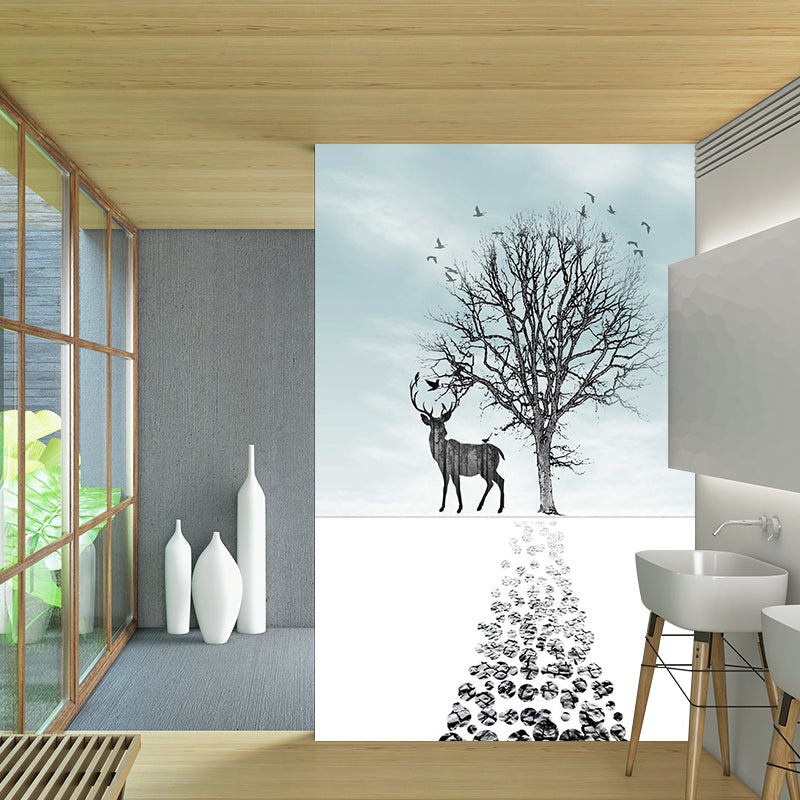 Blue-Black Art Deco Murals Full Size Path to Deer and Bare Tree Painting Wall Covering for Accent Wall Clearhalo 'Wall Decor' 'Wall Mural' 1186251