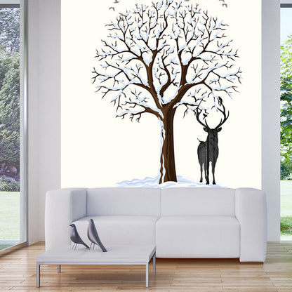Deer Under Snowy Tree Mural Nordic Stain-Resistant Bedroom Wall Covering, Personalized Size Black-White Clearhalo 'Wall Decor' 'Wall Mural' 1186264