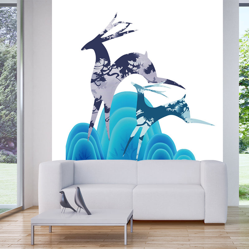 Illustration Deer and Stone Murals for Childrens Bedroom, Blue and Purple, Custom Size Available Blue-Purple B Clearhalo 'Wall Decor' 'Wall Mural' 1186324