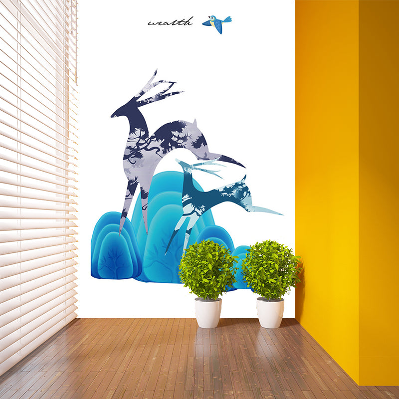 Illustration Deer and Stone Murals for Childrens Bedroom, Blue and Purple, Custom Size Available Clearhalo 'Wall Decor' 'Wall Mural' 1186325
