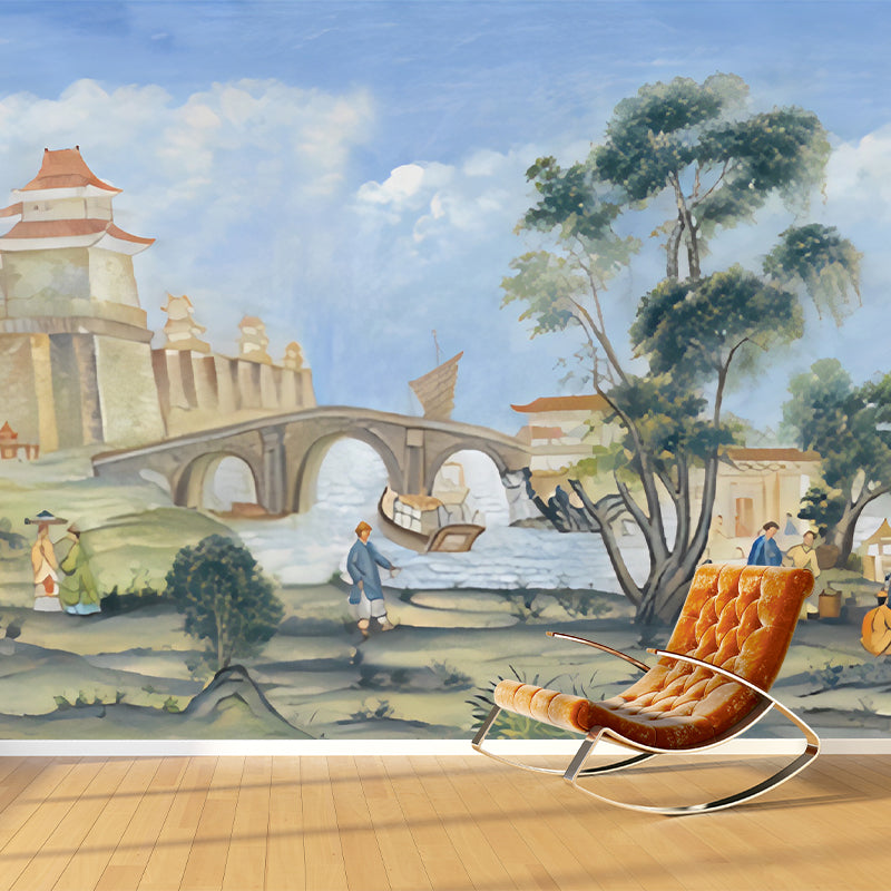 Life in Qing Dynasty Murals Pastel Color Vintage Wall Decoration for Living Room, Non-Woven Clearhalo 'Wall Decor' 'Wall Mural' 1186395