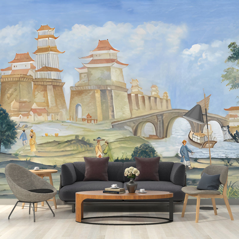 Life in Qing Dynasty Murals Pastel Color Vintage Wall Decoration for Living Room, Non-Woven Clearhalo 'Wall Decor' 'Wall Mural' 1186396