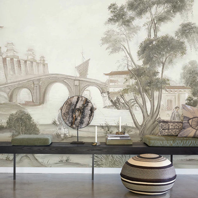 Life in Qing Dynasty Murals Pastel Color Vintage Wall Decoration for Living Room, Non-Woven Light Yellow Clearhalo 'Wall Decor' 'Wall Mural' 1186399