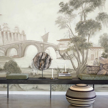 Life in Qing Dynasty Murals Pastel Color Vintage Wall Decoration for Living Room, Non-Woven Light Yellow Clearhalo 'Wall Decor' 'Wall Mural' 1186399