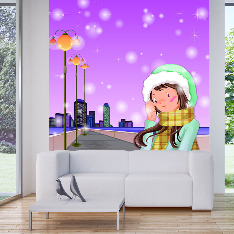 Cartoon Girl on Road Murals Purple Environment Friendly Wall Covering for Bedroom Purple Clearhalo 'Wall Decor' 'Wall Mural' 1186459