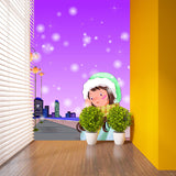 Cartoon Girl on Road Murals Purple Environment Friendly Wall Covering for Bedroom Clearhalo 'Wall Decor' 'Wall Mural' 1186460