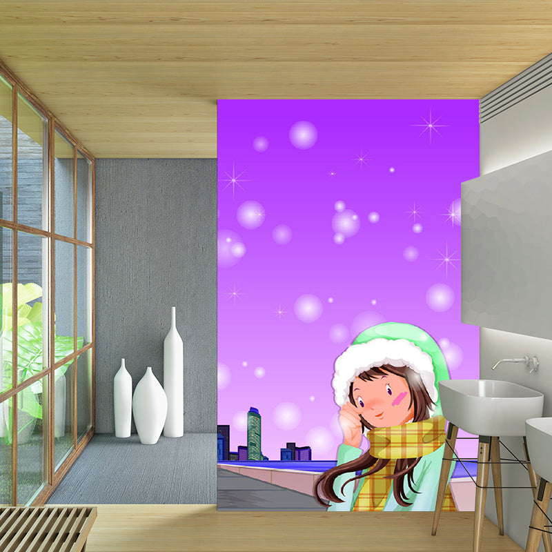 Cartoon Girl on Road Murals Purple Environment Friendly Wall Covering for Bedroom Clearhalo 'Wall Decor' 'Wall Mural' 1186461