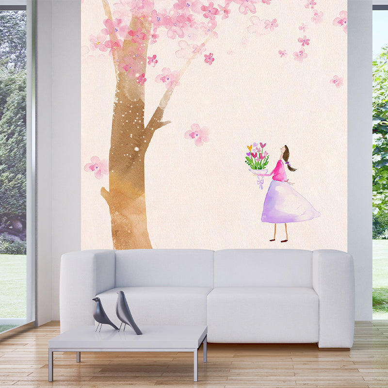 Non-Woven Home Decor Murals Decal Kids Style Girl under Blossom Tree Wall Covering Clearhalo 'Wall Decor' 'Wall Mural' 1186490