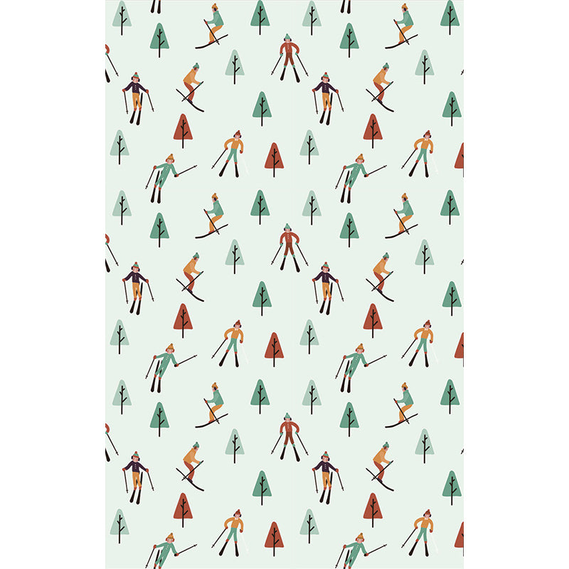 Skiers and Snow Forest Murals in Green-Red, Childrens Art Wall Covering for Kids Bedroom Clearhalo 'Wall Decor' 'Wall Mural' 1186522