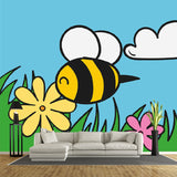 Extra Large Bee Mural Decal Cartoon Style Flower Wall Covering in Colorful, Stain Resistant Clearhalo 'Wall Decor' 'Wall Mural' 1186590